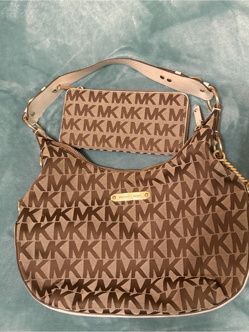 Michael Kors Brown and Cream MK Monogram Shoulder Bag with Wristlet